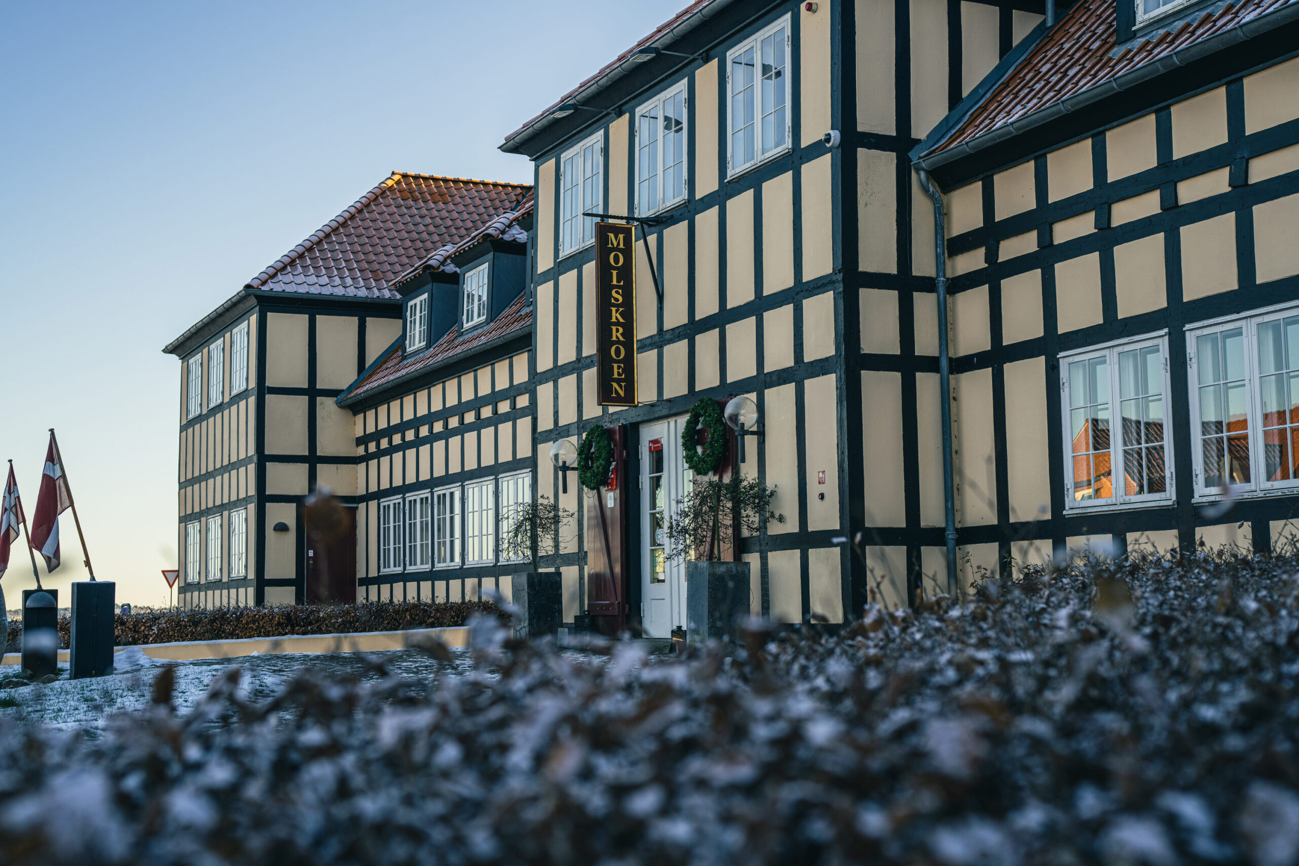 Molskroen set i vinterlandskab med sne på buskene foran - lær at fotografere med fokus på komposition og detaljer.