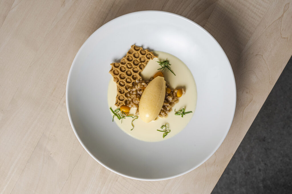 Minimalistisk dessert i elegant præsentation | Fotografi i minimalistisk stil Minimalistisk dessertpræsentation på hvid tallerken med fokus på enkelhed og æstetik.