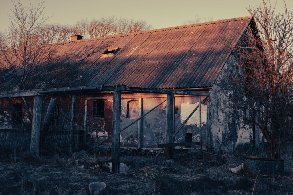 Albumfoto for bandet Drengestreger: forfalden staldbygning med bølgeeternittag, afskallet maling og mørke vinduer – omgivet af tørt græs og nøgne træer i gyldent eftermiddagslys.
