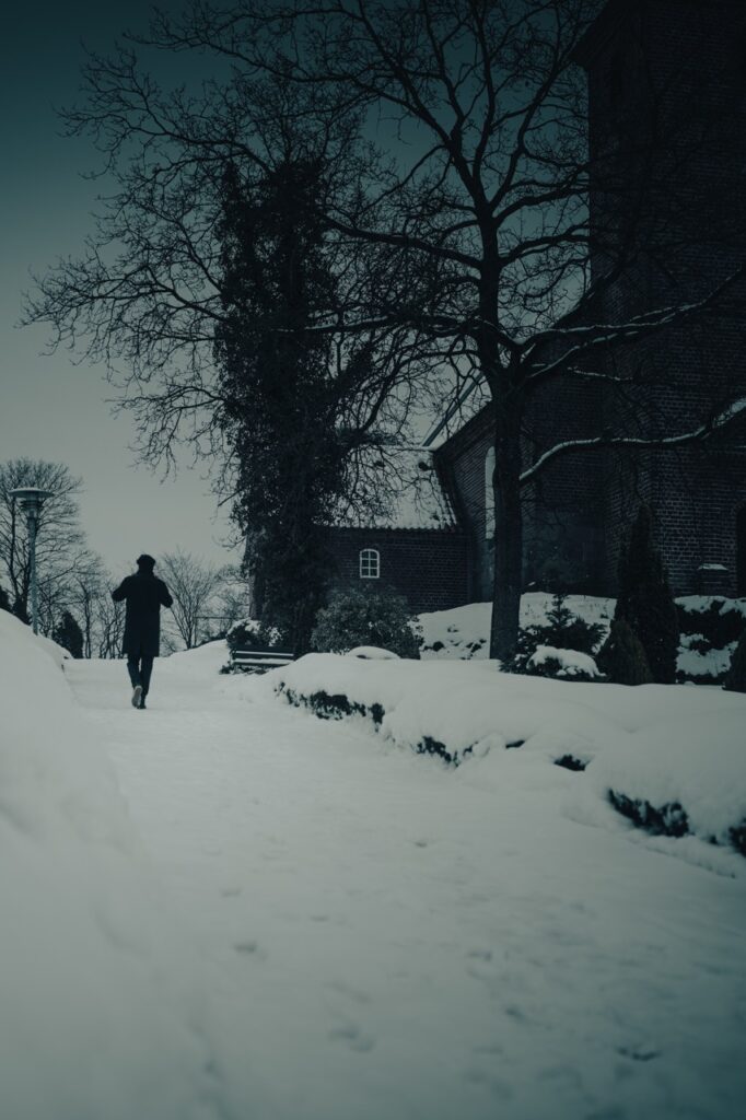 Bogfoto – kirkegård i sne, Da jeg blinker, er du væk Bogfoto til Da jeg blinker, er du væk: mand i mørk frakke går væk ad sneklædt sti gennem kirkegård, omgivet af gravsteder, nøgne træer og mørk kirke i baggrunden.