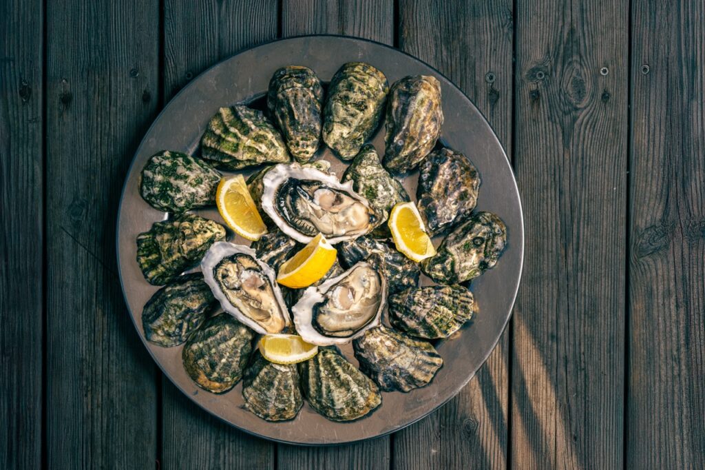 Madfotografering af Skovgaard & Damgaard – frisk østersanretning med citron hos Tom’s Oyster Shack Friske østers med citron på metalfad hos Tom’s Oyster Shack i København, fotograferet af Skovgaard & Damgaard.